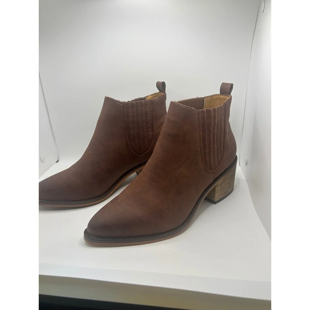 Faryl by Farylrobin Womens Brown Faux Leather Pointed Toe Block Heel Ankle Boots